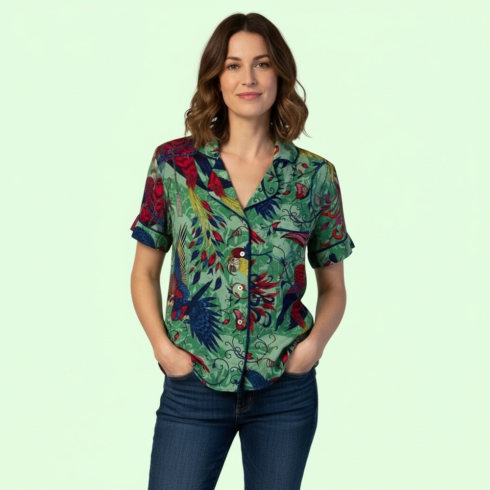 Anthropologie Green Multicolor Short-Sleeve Button-Down Shirt